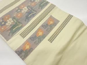 横段に抽象花葉模様織出し名古屋帯